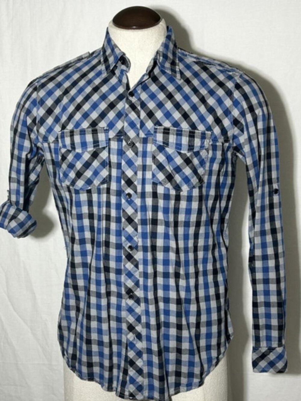 Ocean Current Men's Plaid Cotton Shirt Long Tab Sleeves sz Medium Chest Pockets